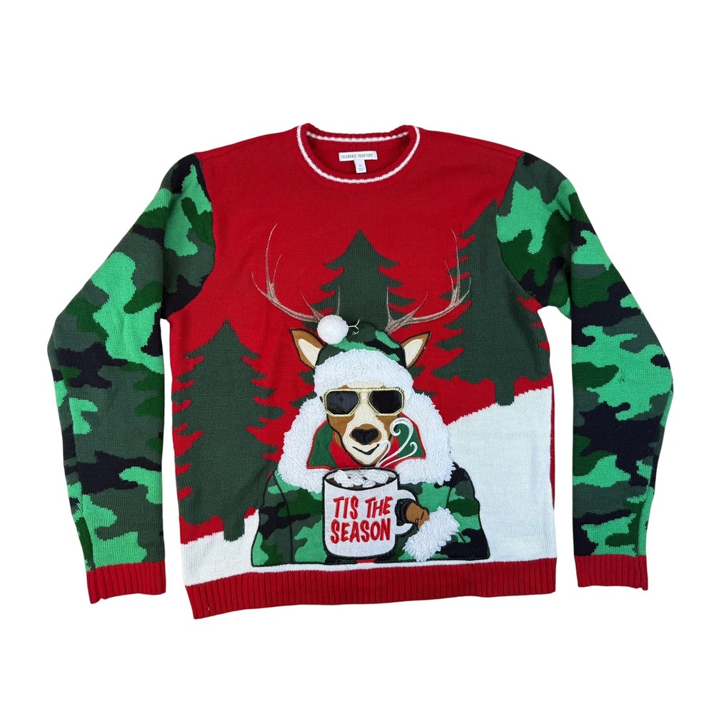Ugly Christmas Sweater Reindeer Camo Knit Secret Pocket XL Celebrate Together